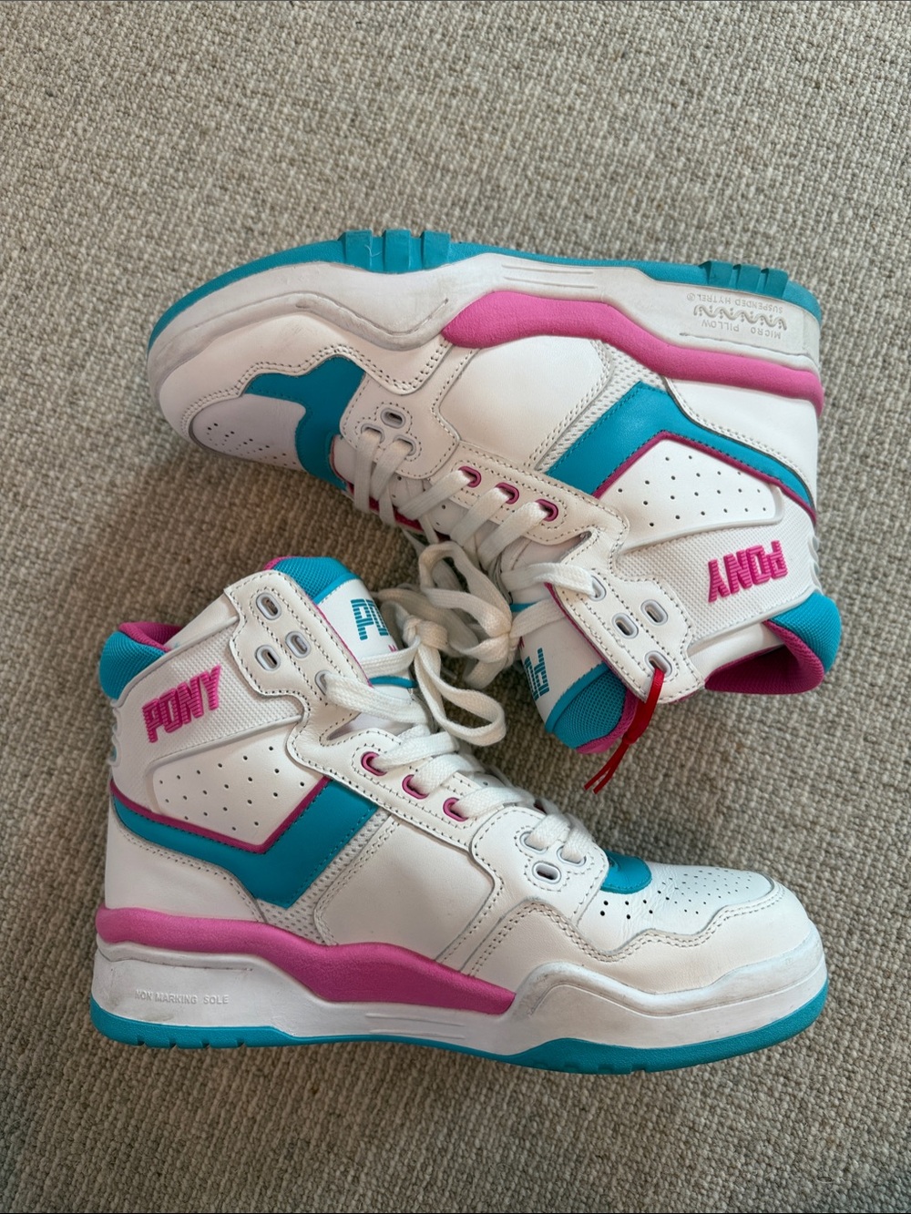 PONY High-Top Sneakers in White, Teal & Pink